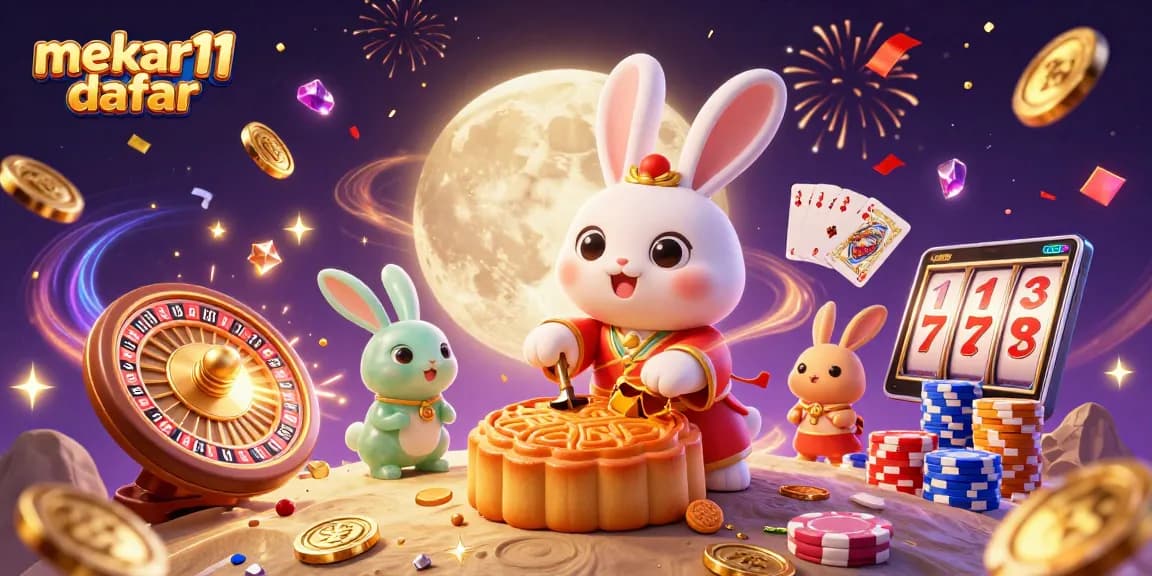 Engage in a vibrant casino adventure with mekar11 daftar featuring a moon rabbit, poker chips, and festive elements.