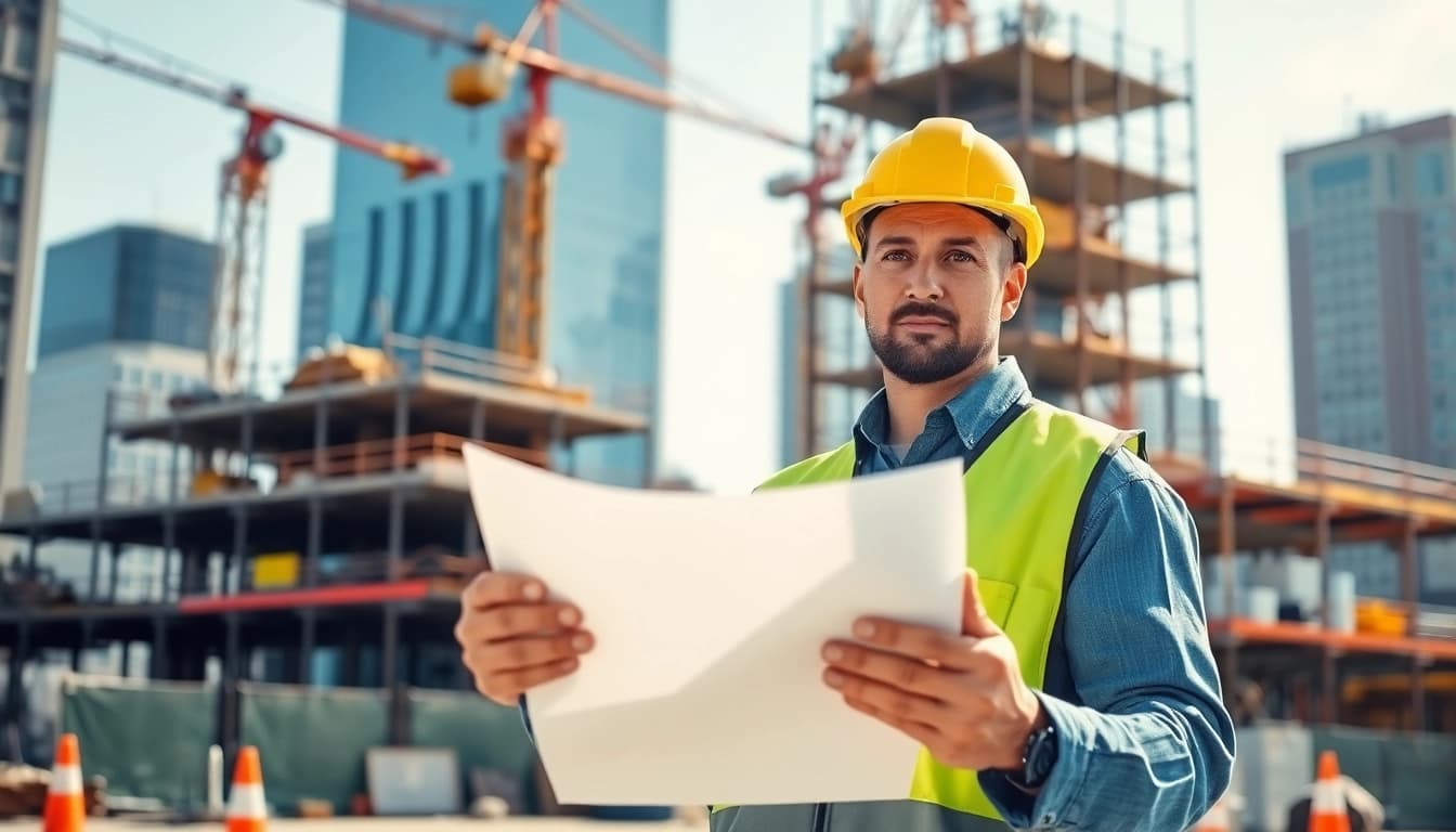 Manhattan Construction Manager analyzing blueprints at a vibrant construction site.
