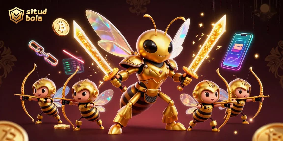 Experience situs judi bola with a dynamic scene of a golden hornet samurai and bee archers amidst crypto elements.