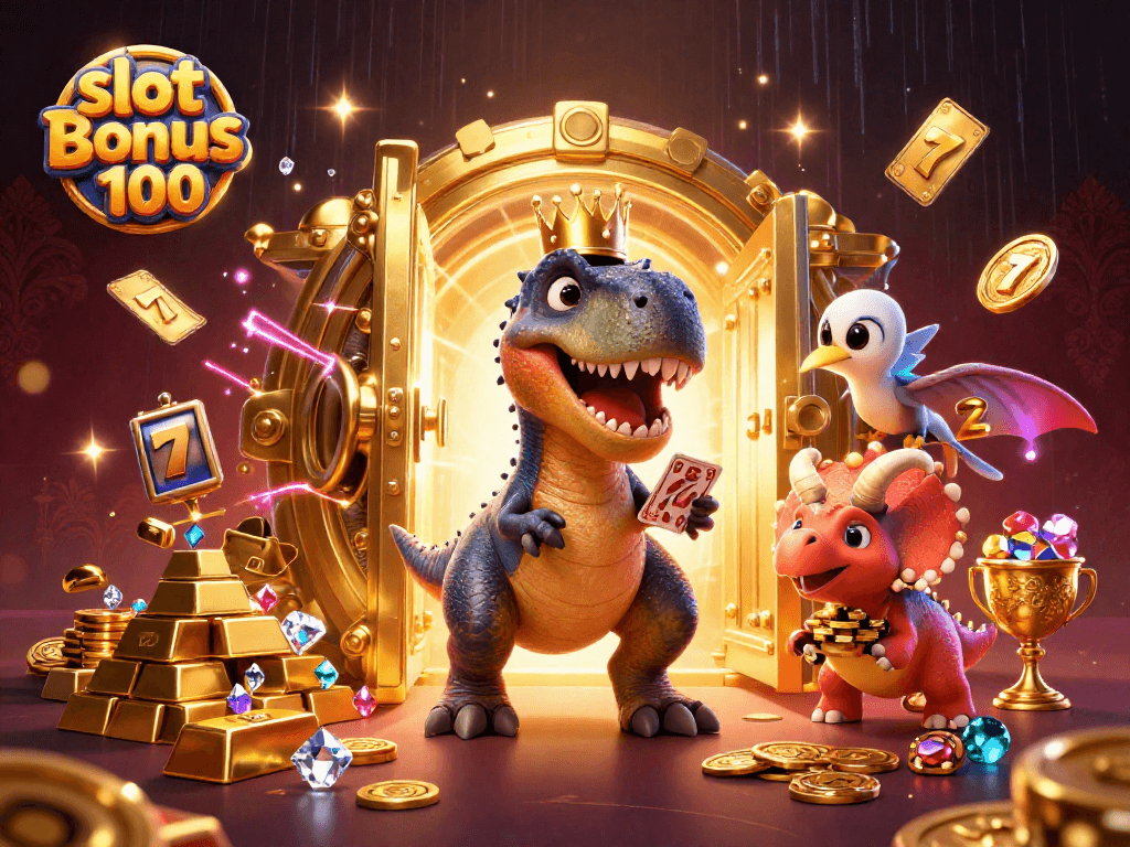 Experience the excitement of slot bonus 100 with our vibrant 3D illustration showcasing fun characters and casino elements.