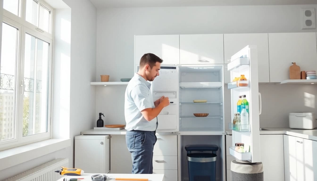 Refrigerator repair technician diagnosing appliance issues in Ottawa home.