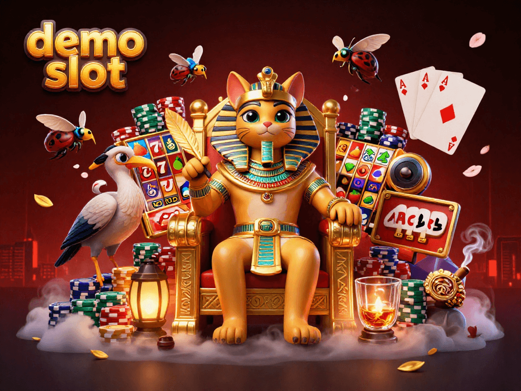 Demo slot menampilkan kucing firaun dan rekan scribe di kasino, keduanya dikelilingi elemen permainan menarik.