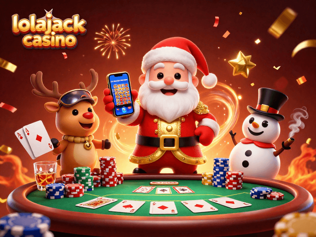 Join the fun at lolajack casino with Santa, reindeer dealer, and poker chip snowman!