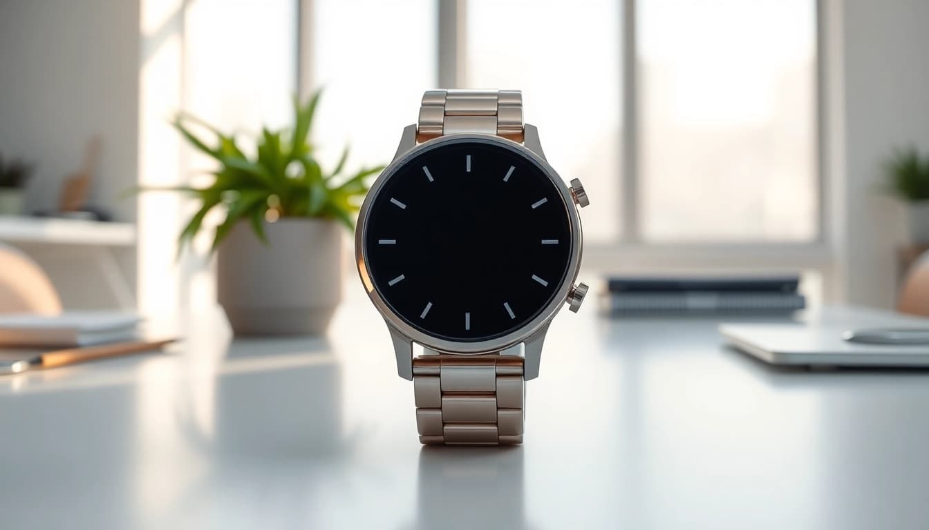 Showcasing the Pulse Smart Watch on a stylish desk, emphasizing its professional appeal and health-centric features.
