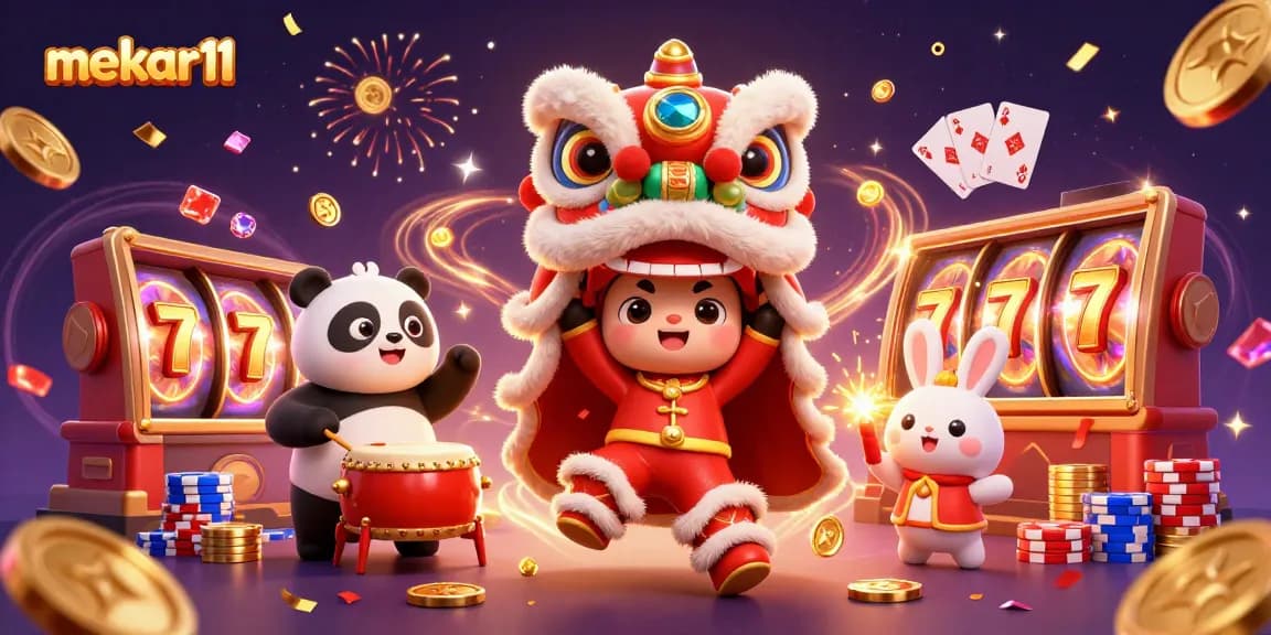 Experience excitement with mekar11's vibrant scene of a lion dance, golden coins, and lucky slots.