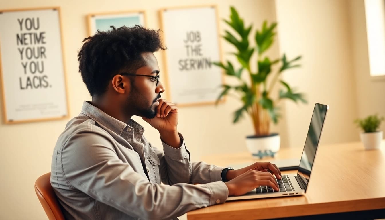 Job Search scene with a focused individual working on a laptop in a professional environment.