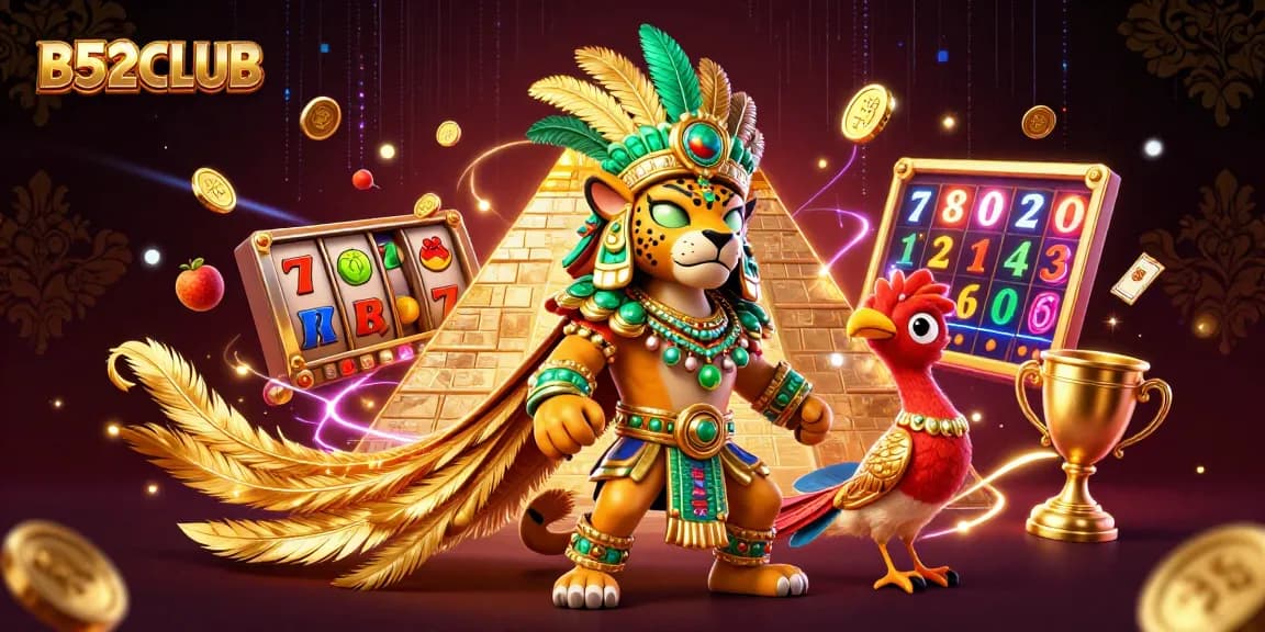 B52CLUB showcases an exciting Mayan-themed casino scene filled with slot reels, jackpots, and vibrant animation.