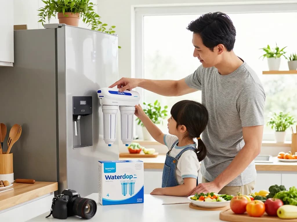 Family installing Waterdrop UKF8001 Refrigerator Water Filter 4 in a bright modern kitchen.