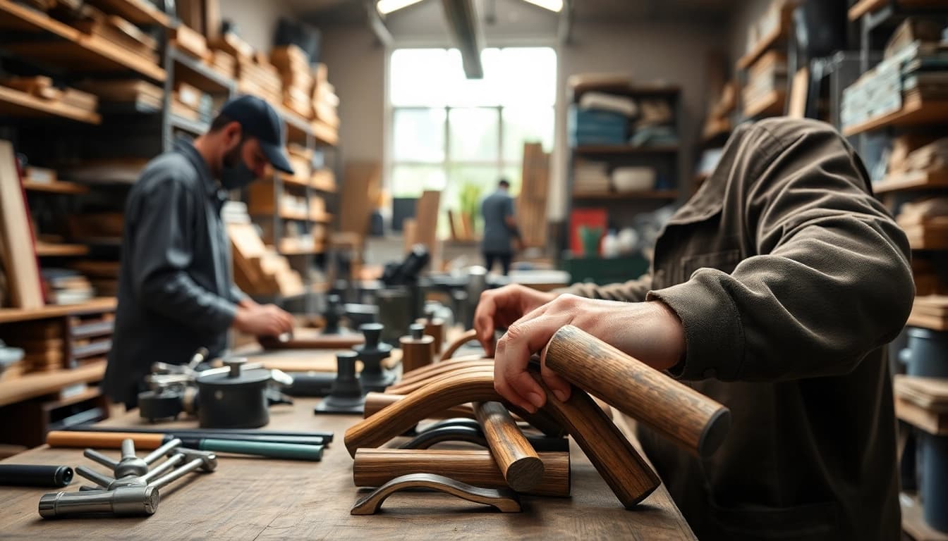 Crafting high-quality handles by a skilled handle manufacturer in a professional workshop.