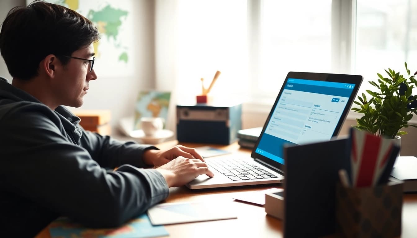 Complete the eta application uk in a cozy home office with travel items and a bright atmosphere.