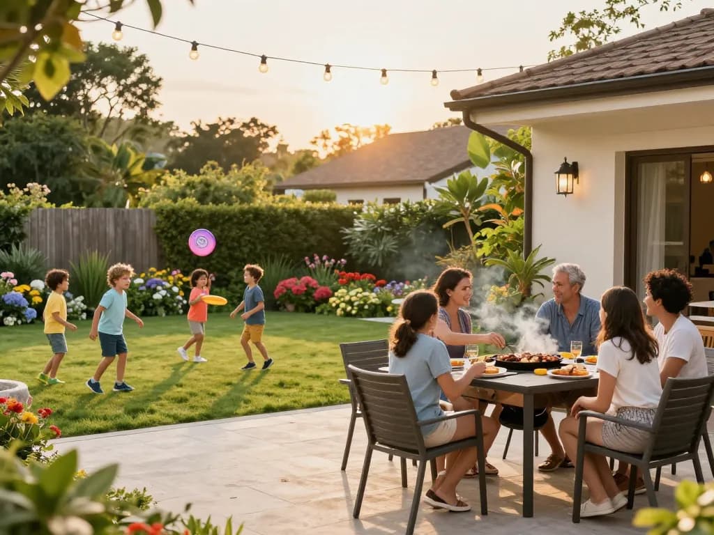 Outdoor living configurator scene with family enjoying a barbecue in a beautifully landscaped garden, showcasing a vibrant outdoor atmosphere.