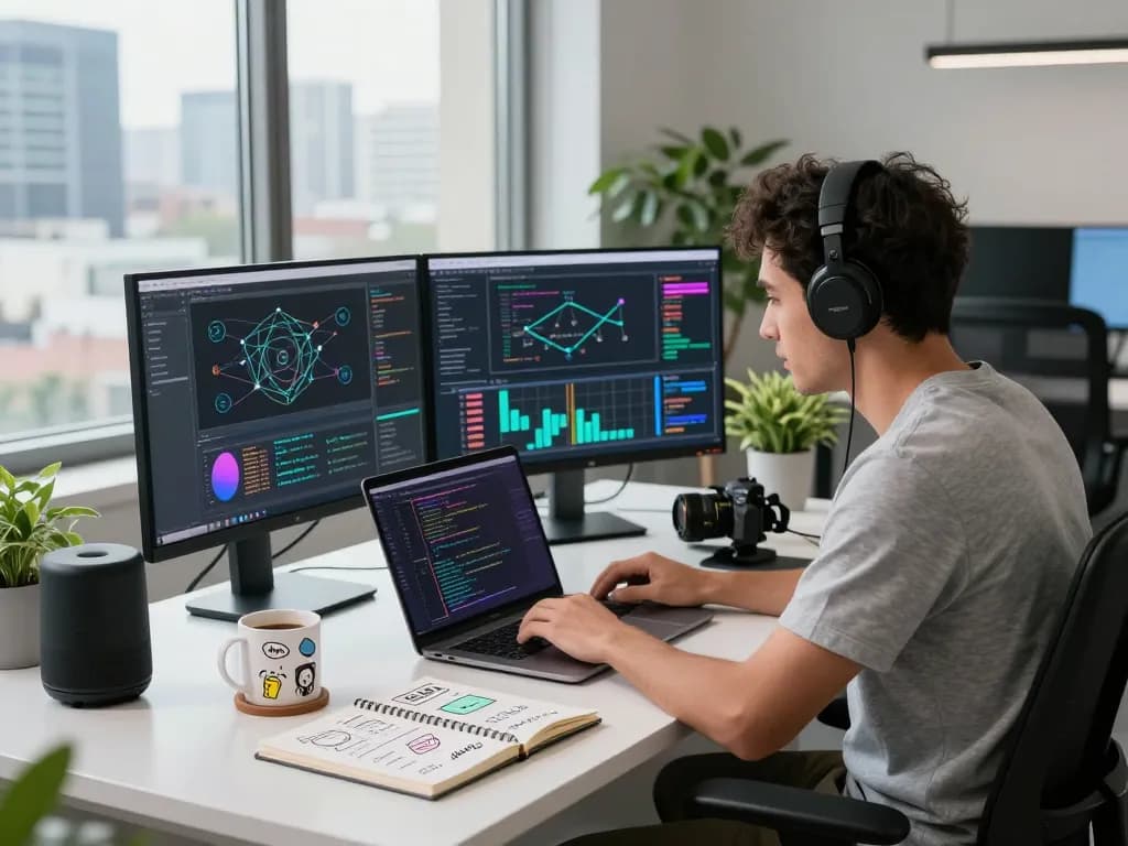 快连 software developer at a modern workspace, coding with dual monitors showcasing network performance.