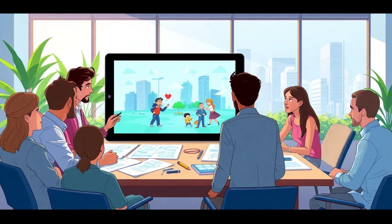 Erkläranimation im kreativen Büro, mit Teamdiskussion und digitalen Grafiken.