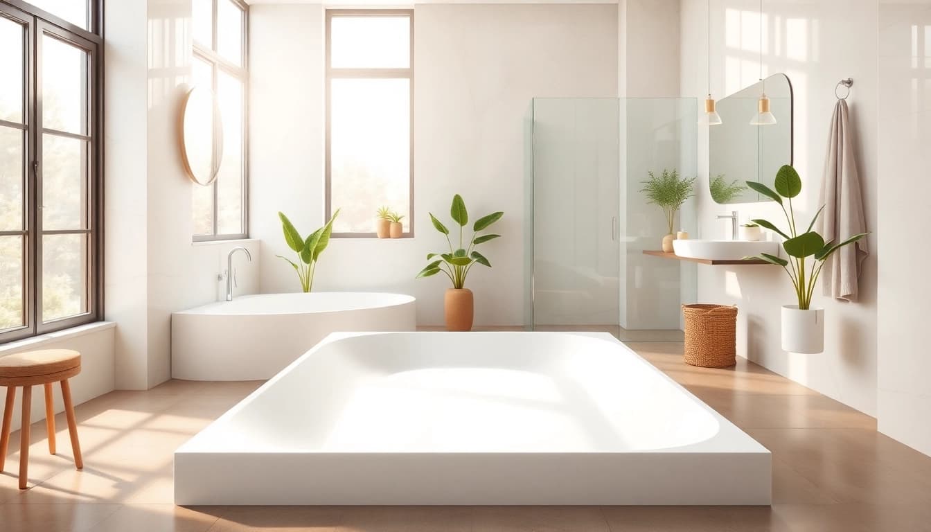 Showcase of a modern shower base in a beautifully designed bathroom with natural lighting.