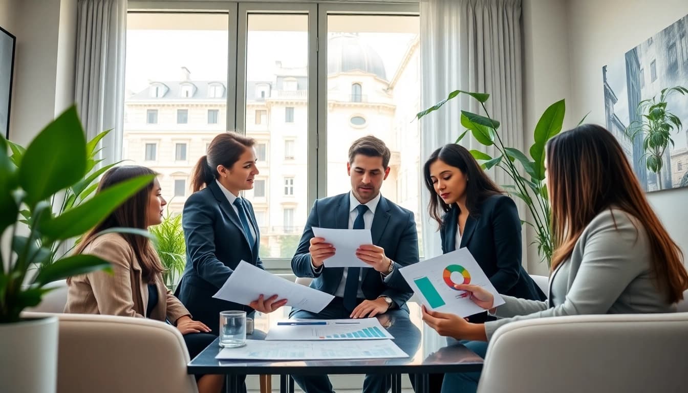 Investire in un'azienda italiana: professionisti d'affari di diversi ambiti che elaborano una strategia in un ufficio moderno.