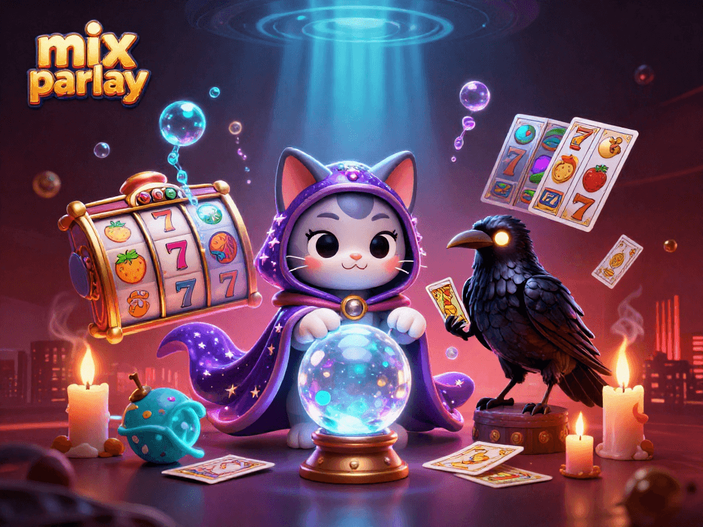 Engage in mix parlay betting with a vibrant scene showcasing casino luck and fortune tellers.
