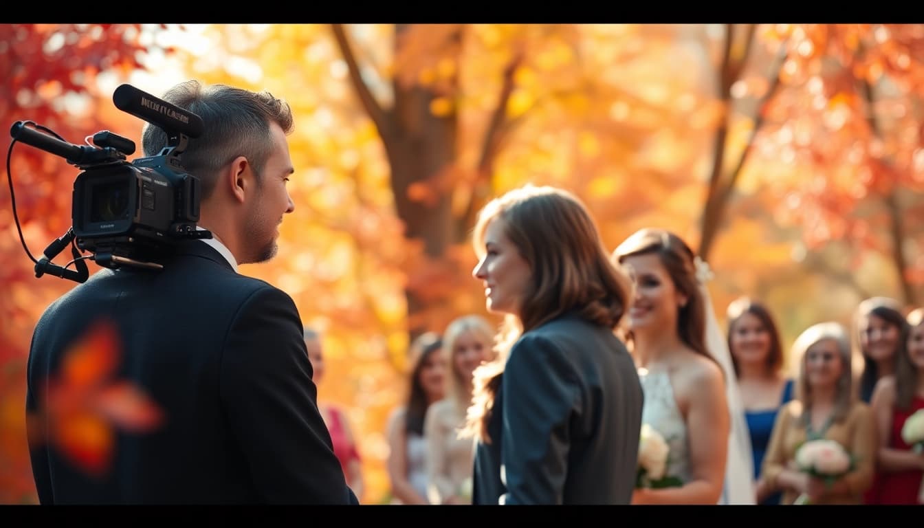 Capture the essence of toronto videography during a wedding ceremony surrounded by colorful autumn foliage.