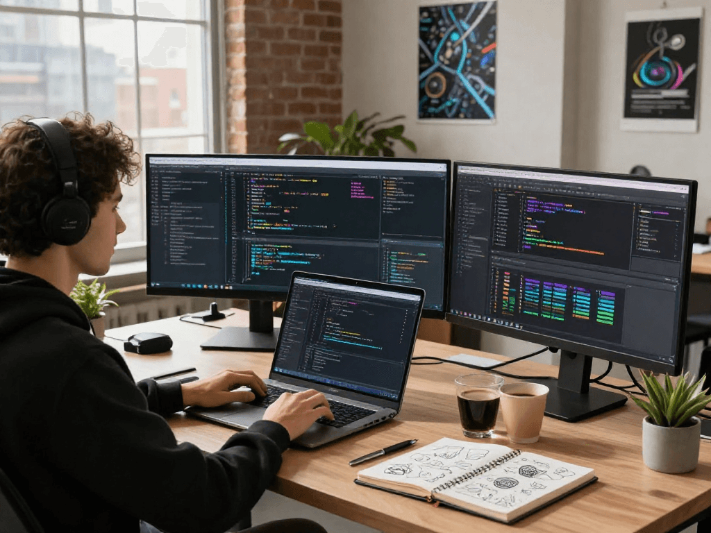 Developer engrossed in coding at a vibrant workspace showcasing crushon software solutions and tools.