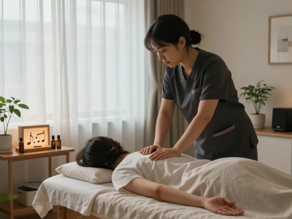 서울출장마사지 session in a calming apartment setting with a professional therapist and soothing atmosphere.