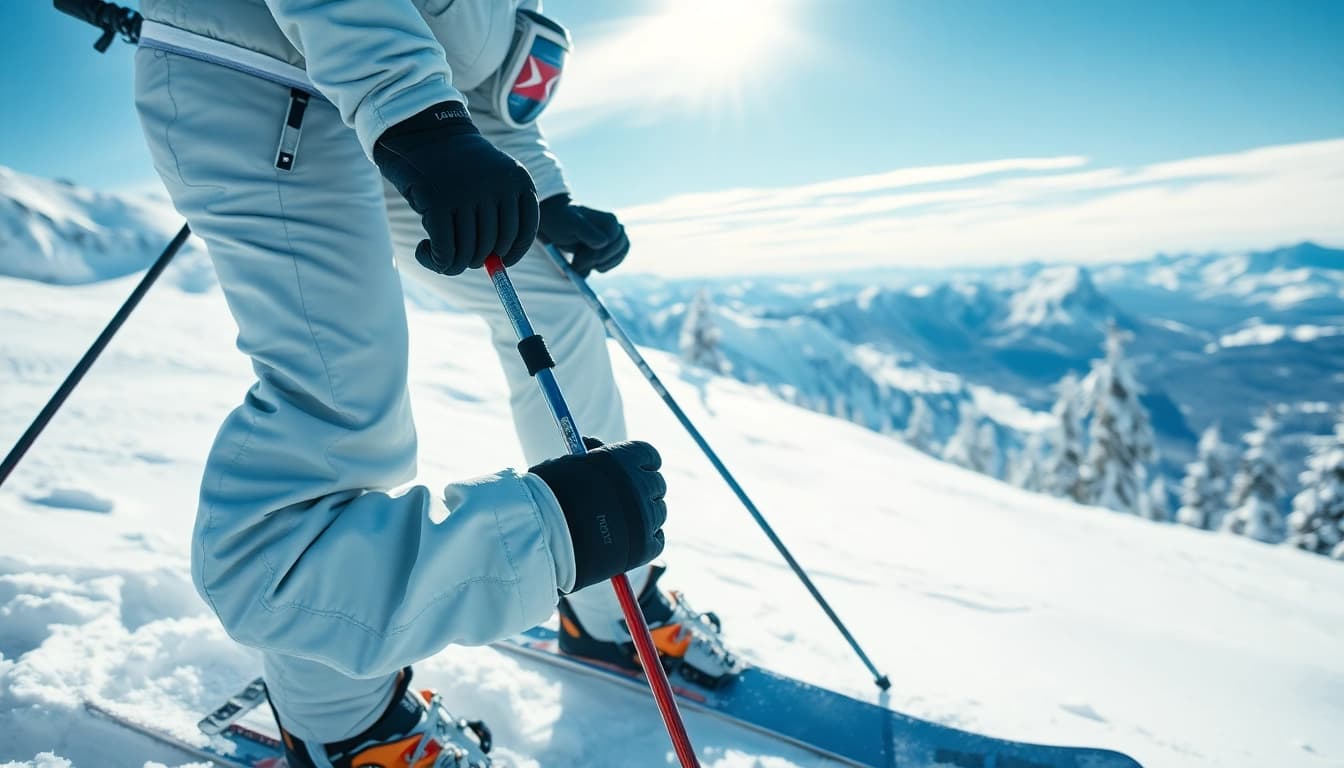 Adjusting Look Bindings on skis by a professional skier in snowy mountains.