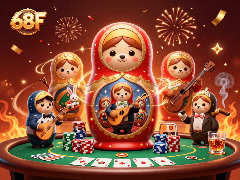 Ilustração 3D vibrante do cassino de 68F com ursos Matryoshka e elementos de pôquer.