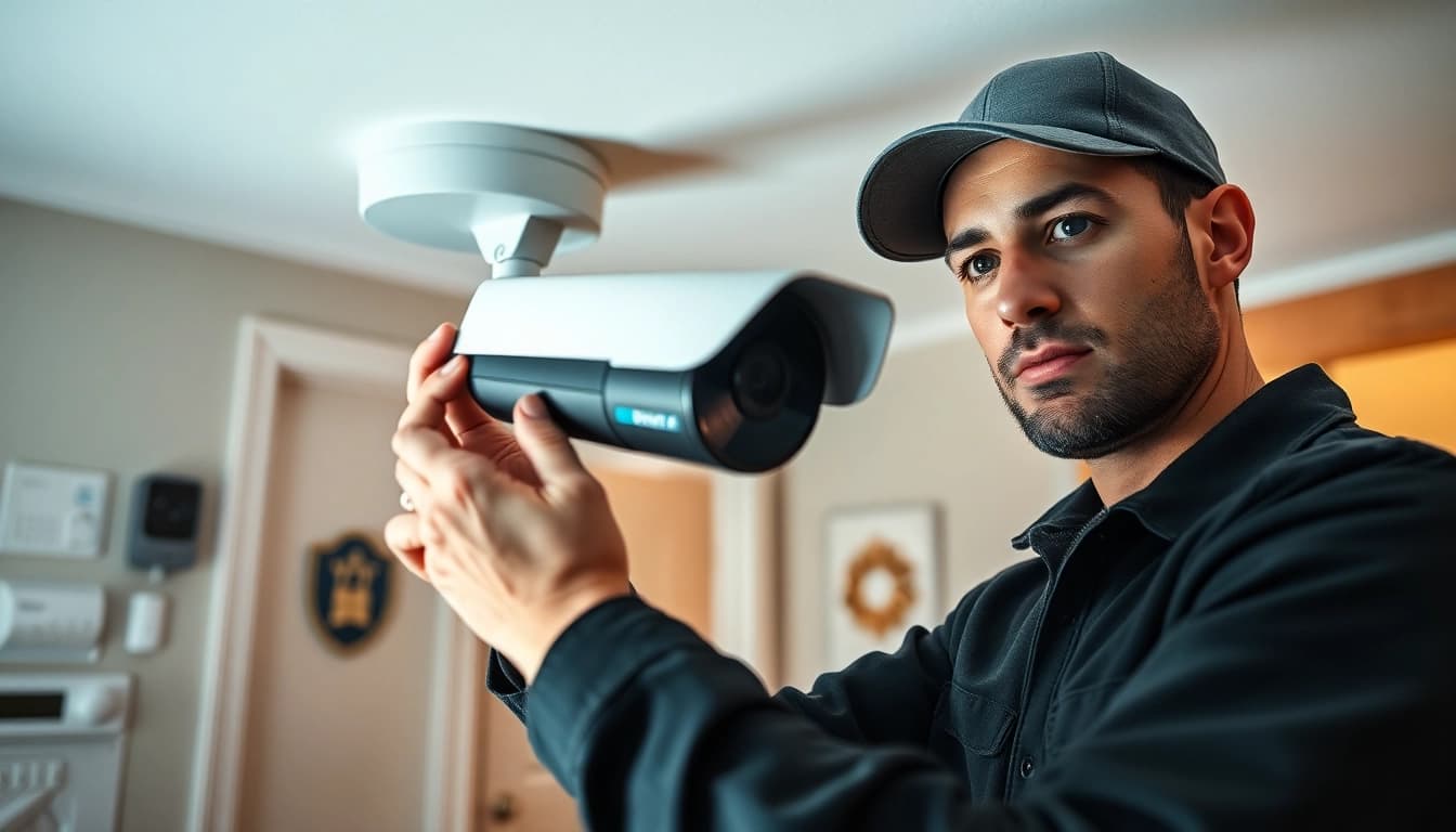 técnico de seguridad instalando una cámara de vigilancia avanzada para una protección confiable del hogar