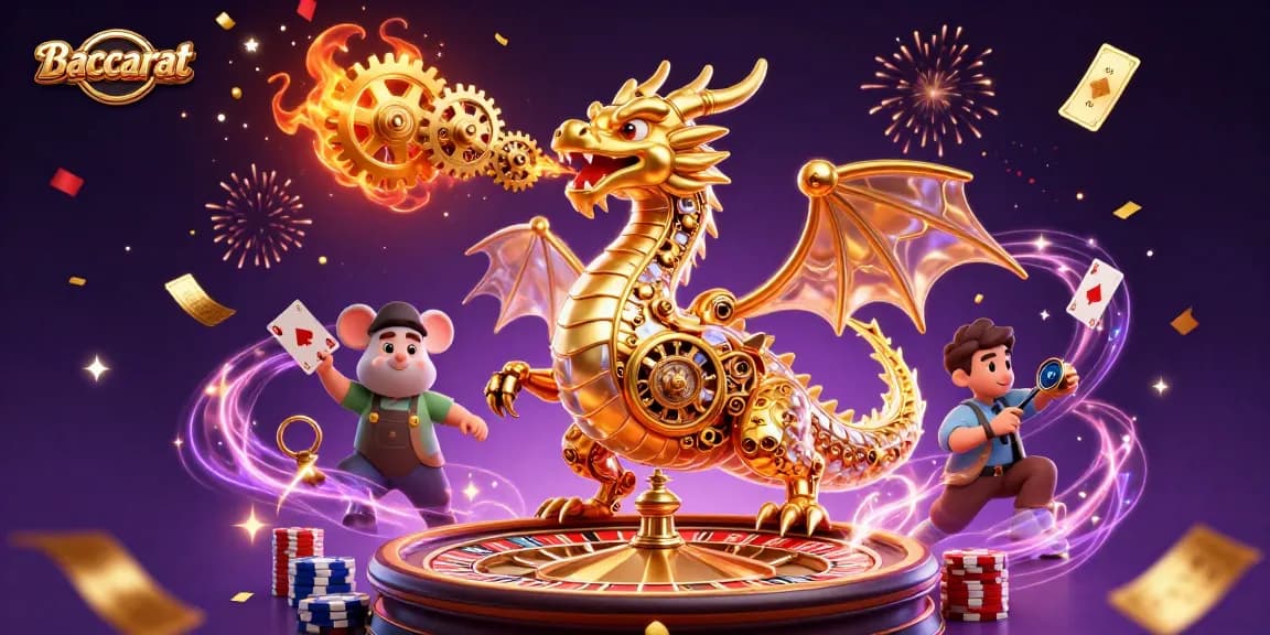 Engage in Baccarat with a golden dragon and mouse engineer amidst poker chips and winning cards.