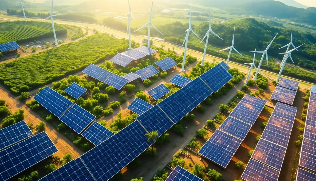 Free cloud mining operations in a sustainable energy environment with solar panels and wind turbines.
