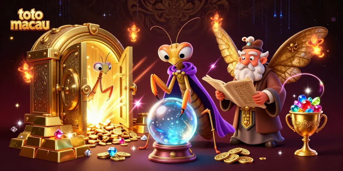Menang besar dengan toto macau dalam ilustrasi penuh warna yang menampilkan karakter kasino dan harta karun berkilau.