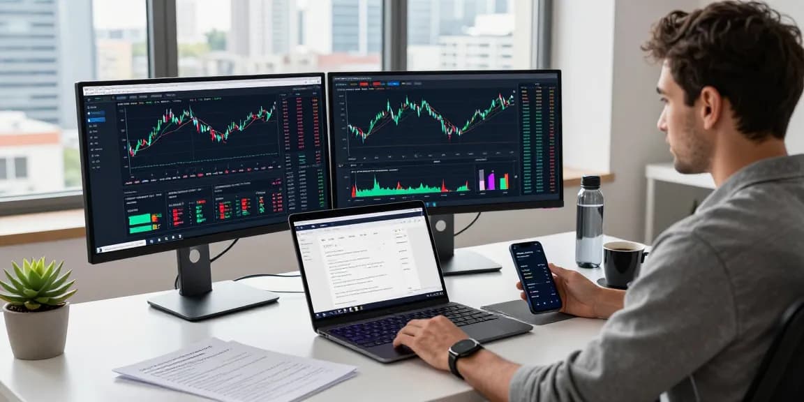 legit cloud mining platform showcased on dual monitors in modern trading workspace, cryptocurrency charts and digital wallet interface visible