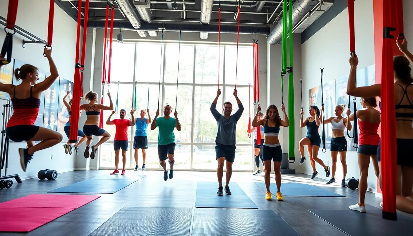 Group exercising with pull-up resistance bands in a vibrant gym setting