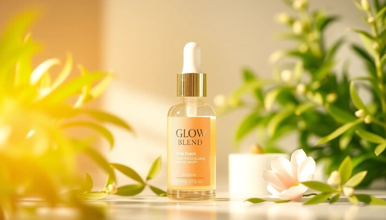Enhance radiance with our Glow Blend serum showcased among botanical elements.