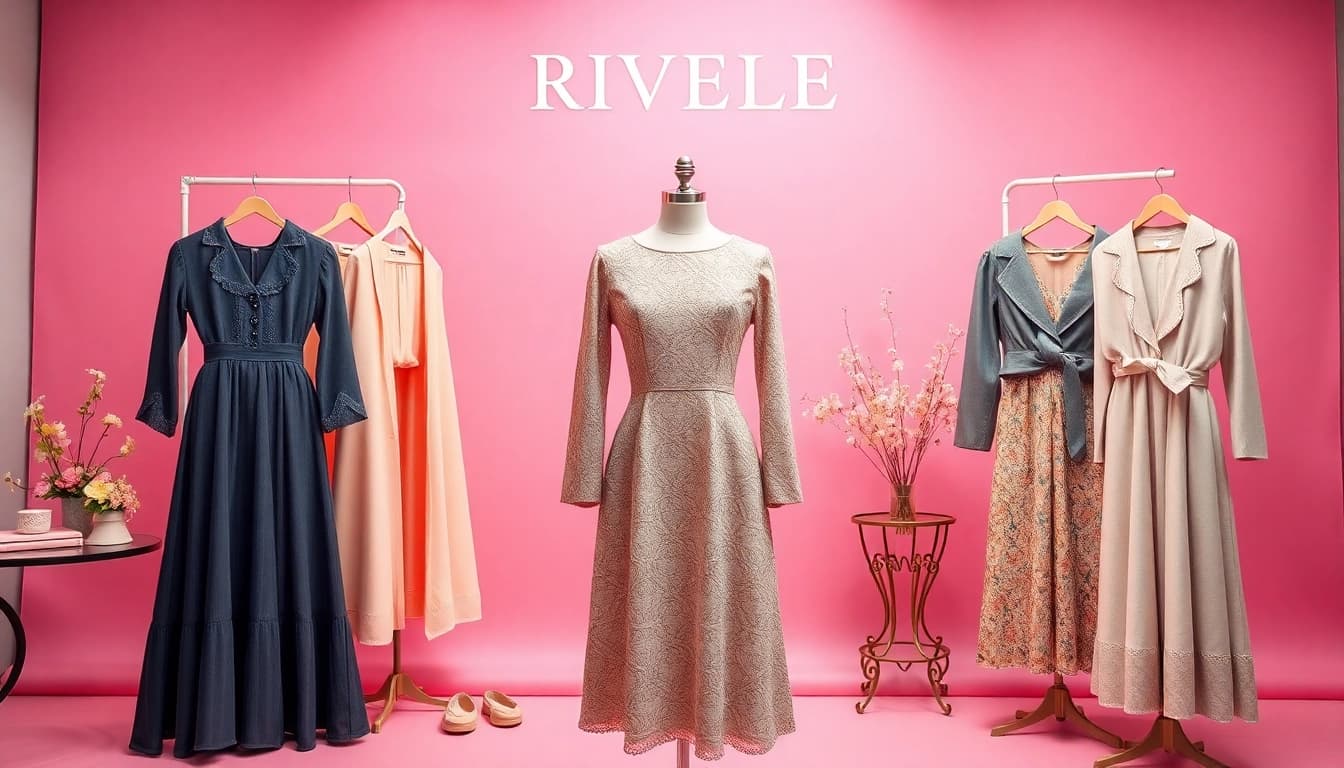 Showcasing Rivelle fashion artistry with sophisticated clothing in an elegant setting.