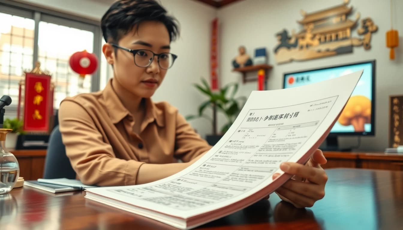 Traducteur chinois certifié travaillant sur des documents officiels, mettant en valeur son expertise.