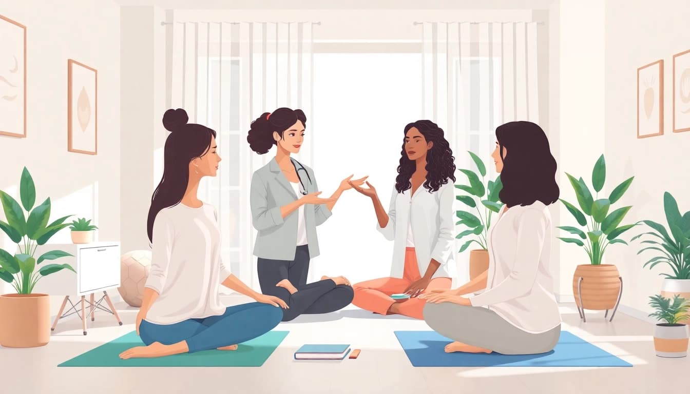 Anxiety symptoms depicted in a supportive wellness coaching scene with diverse individuals engaging in mindfulness.