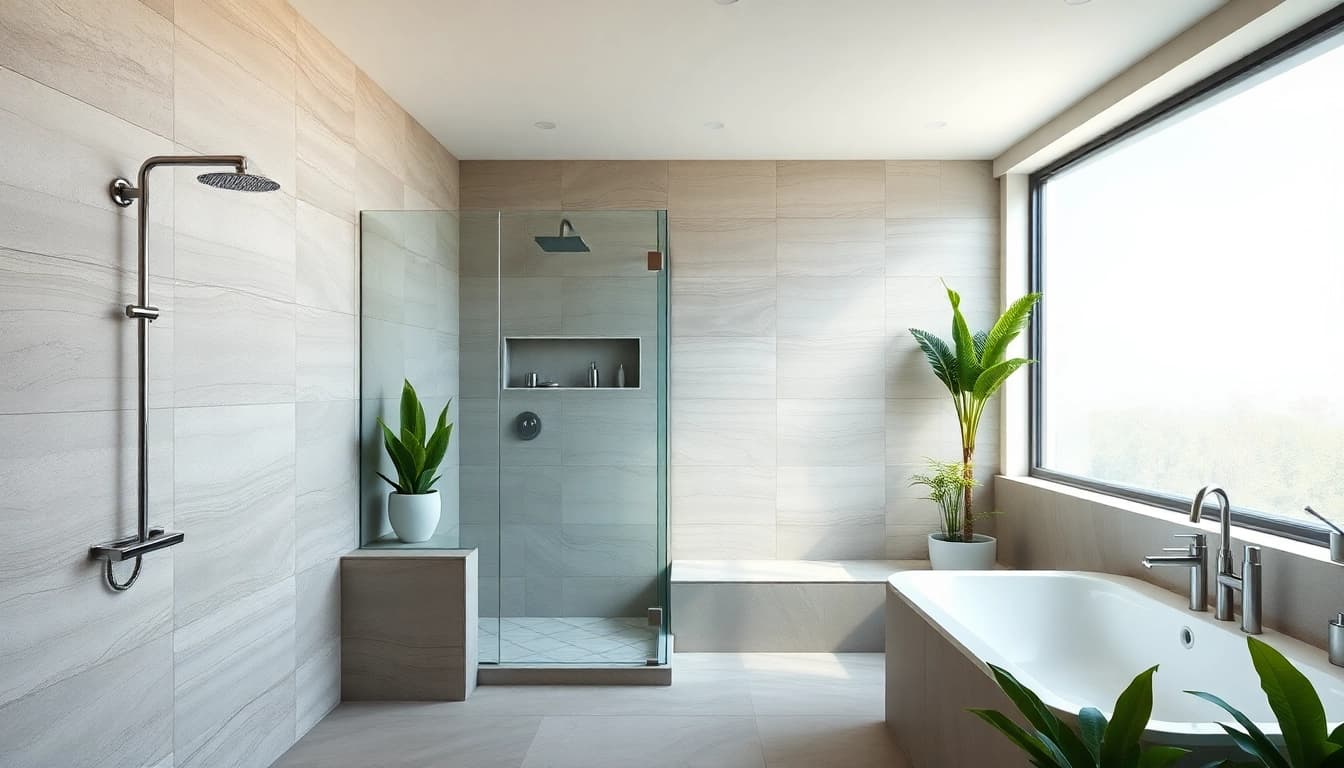 Explore elegant showers au designed with luxury fixtures and stylish tiles in a bright bathroom.