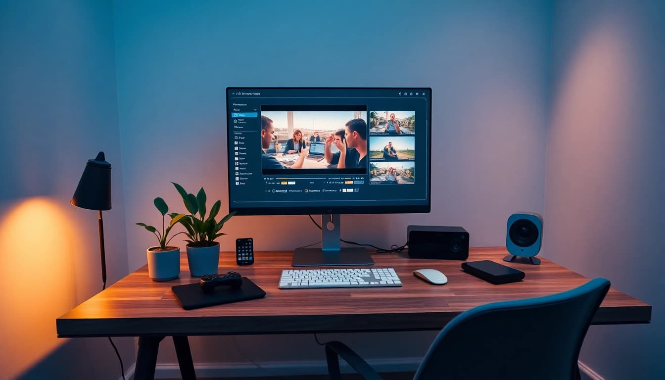 Transform video to prompt ai in a modern workspace with vibrant tech.