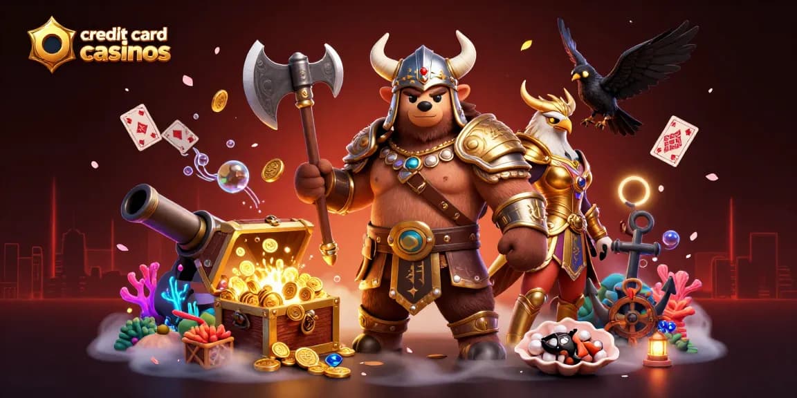 Experience excitement at credit card casinos with dynamic characters, immersed in treasure and gaming elements.