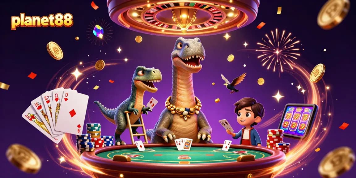Engage with the vibrant planet88 casino scene, featuring a giant brontosaurus and dynamic gaming elements.