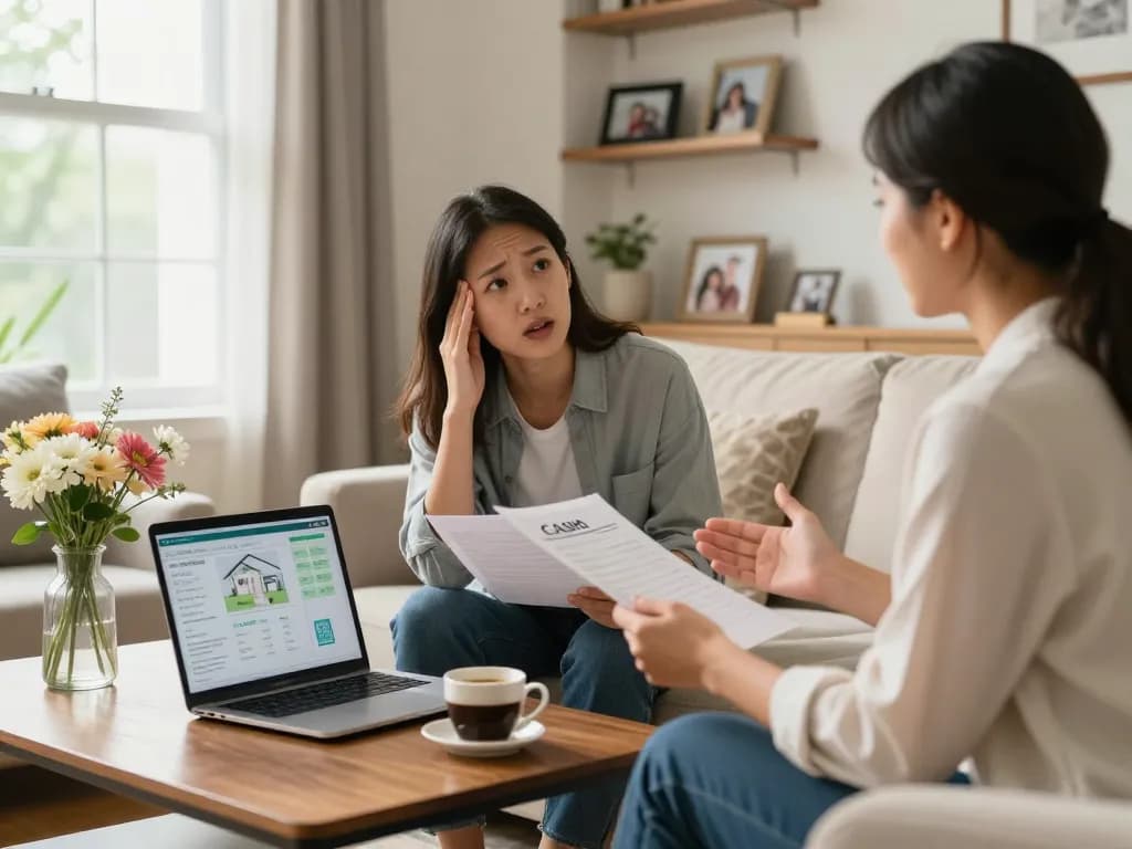 Homeowner discussing cash offer in cozy living room, showcasing "We buy houses for cash" concept.