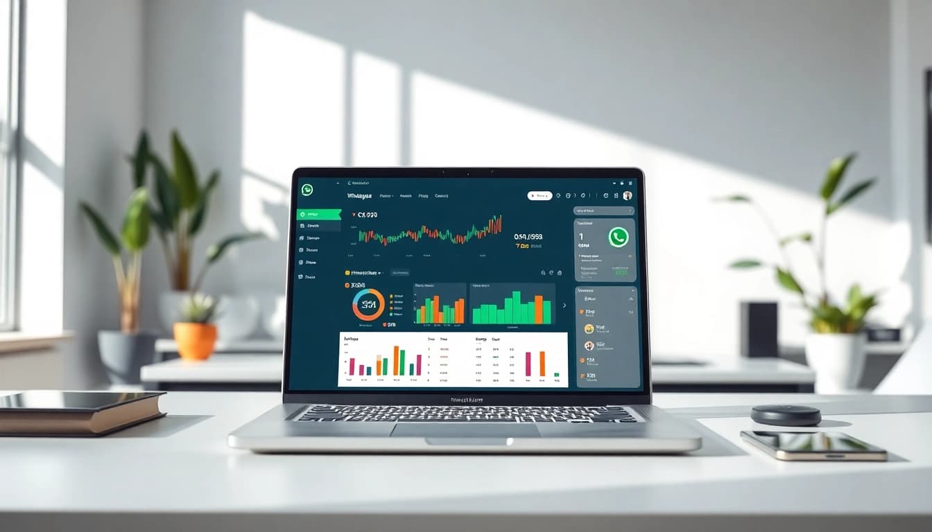 Visualize a WhatsApp Smart CRM dashboard on a laptop highlighting key analytics in a modern office.