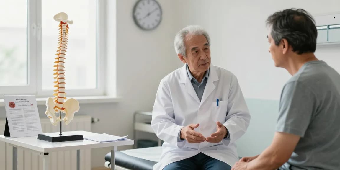 Patient consultation about Dar kanal ameliyatı with a spine surgeon in a medical setting.