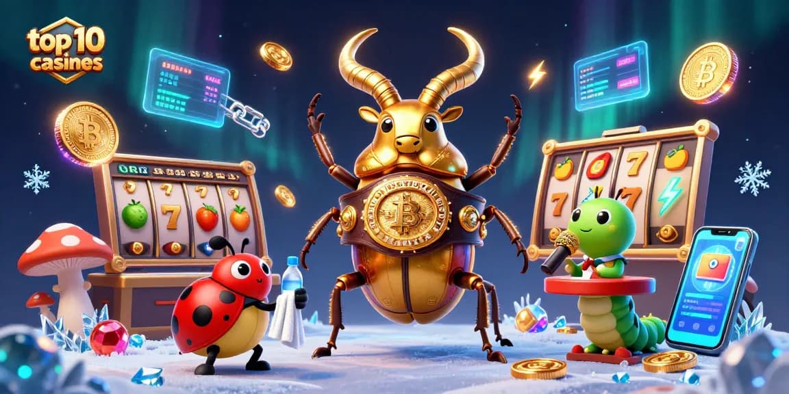 Showcase the top 10 online casinos with vibrant casino elements and unique characters.