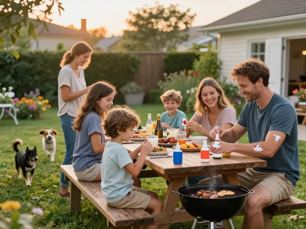 Family using mosquito repellent during a summer barbecue in the backyard for effective protection.