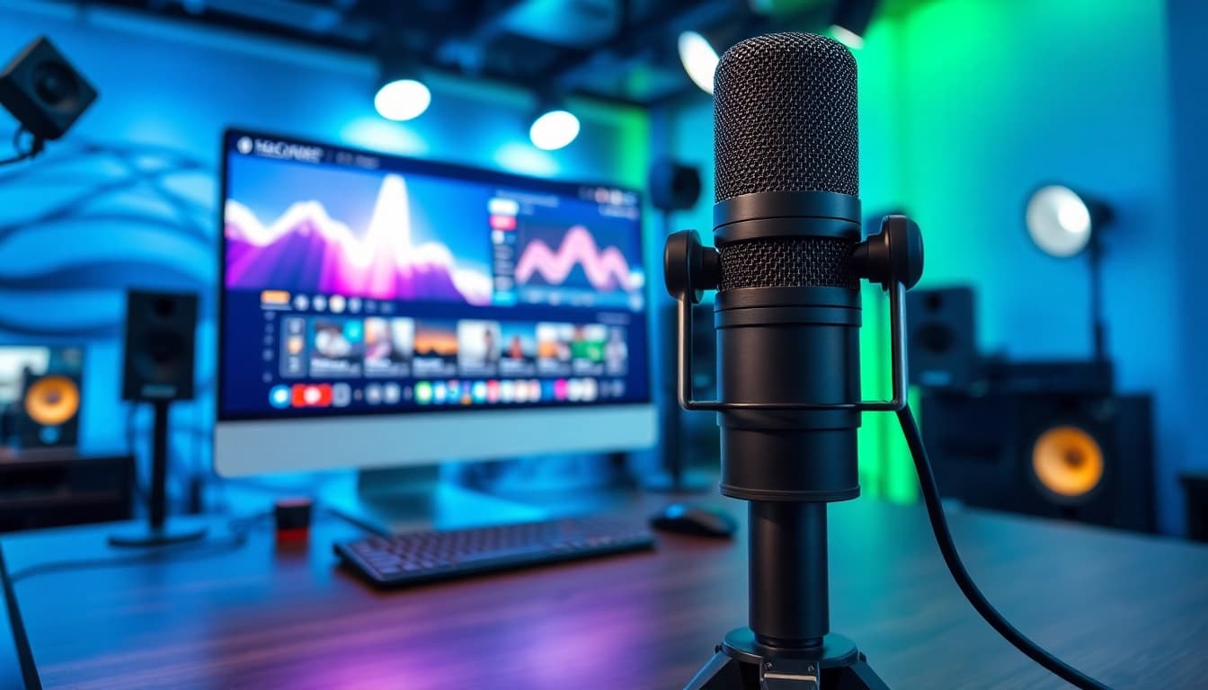 koralive live streaming setup featuring a modern computer, professional microphone, and ambient lighting.