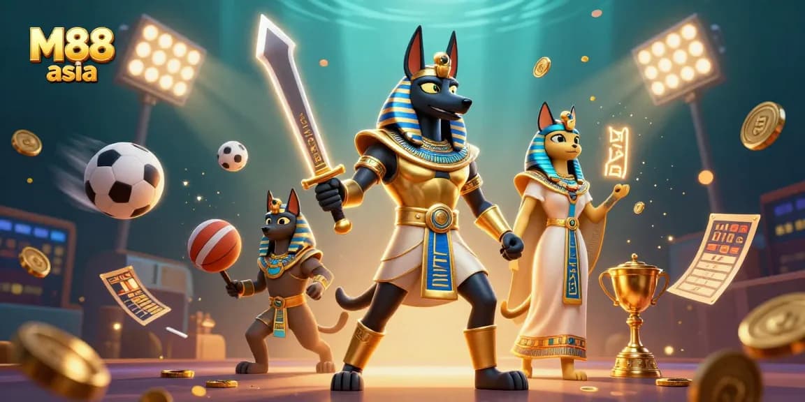 M88 asia brings excitement with Anubis and Bastet amid flying sports elements in a dynamic casino scene.