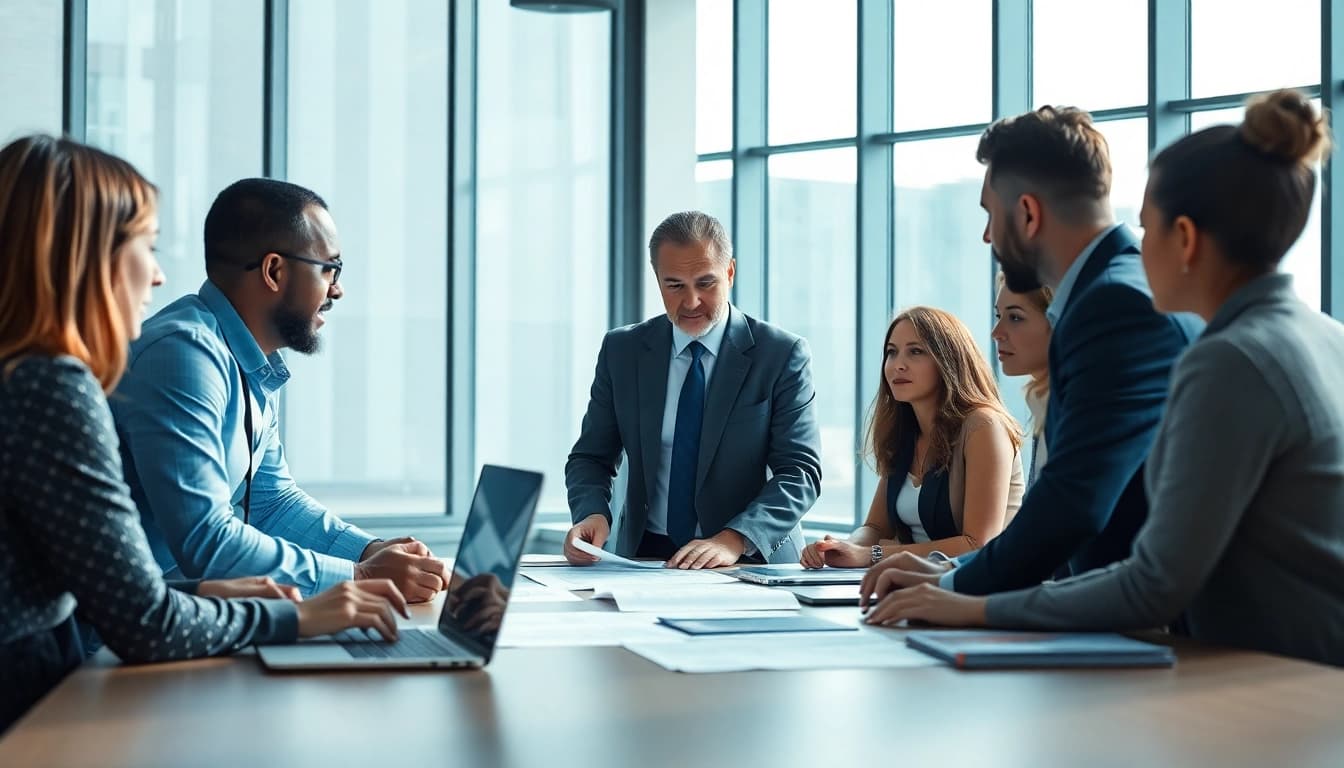 Crisis management consultant leading a strategic meeting in a professional office setting.