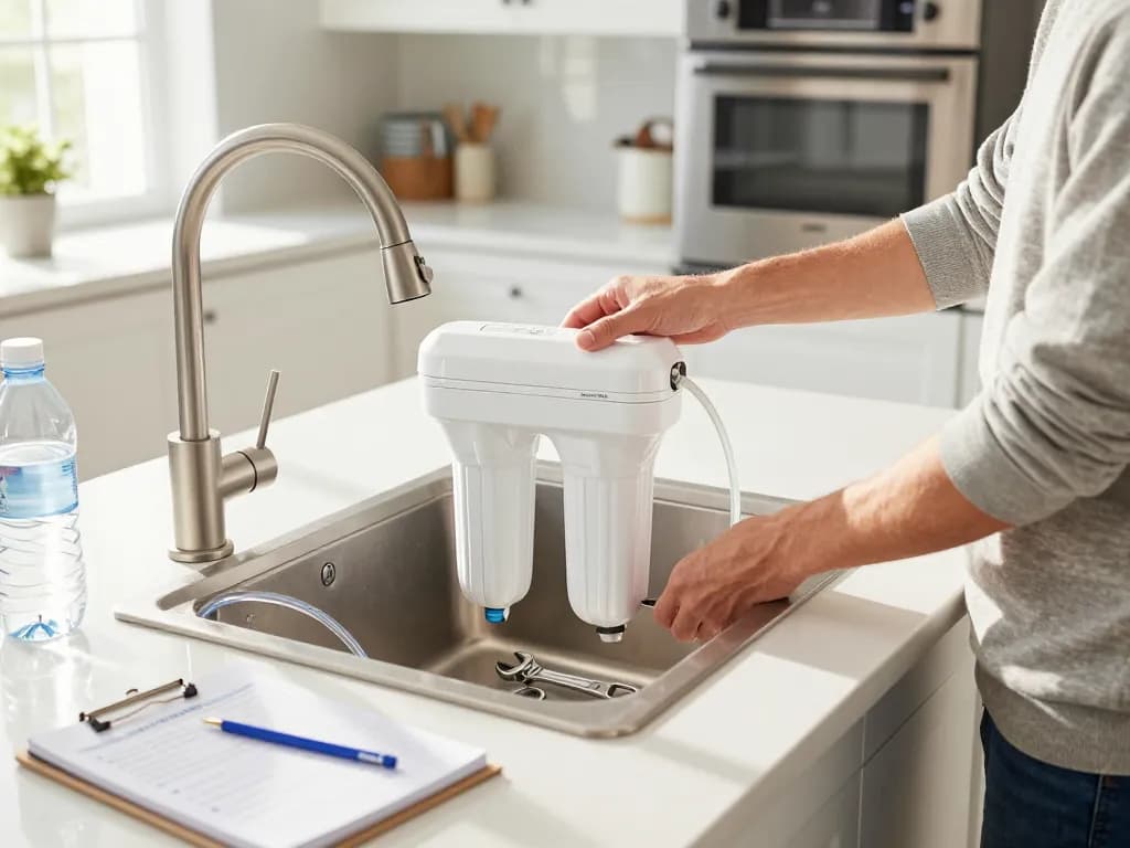 Installing the Waterdrop Plus 8171413 Refrigerator Water Filter in a modern kitchen.