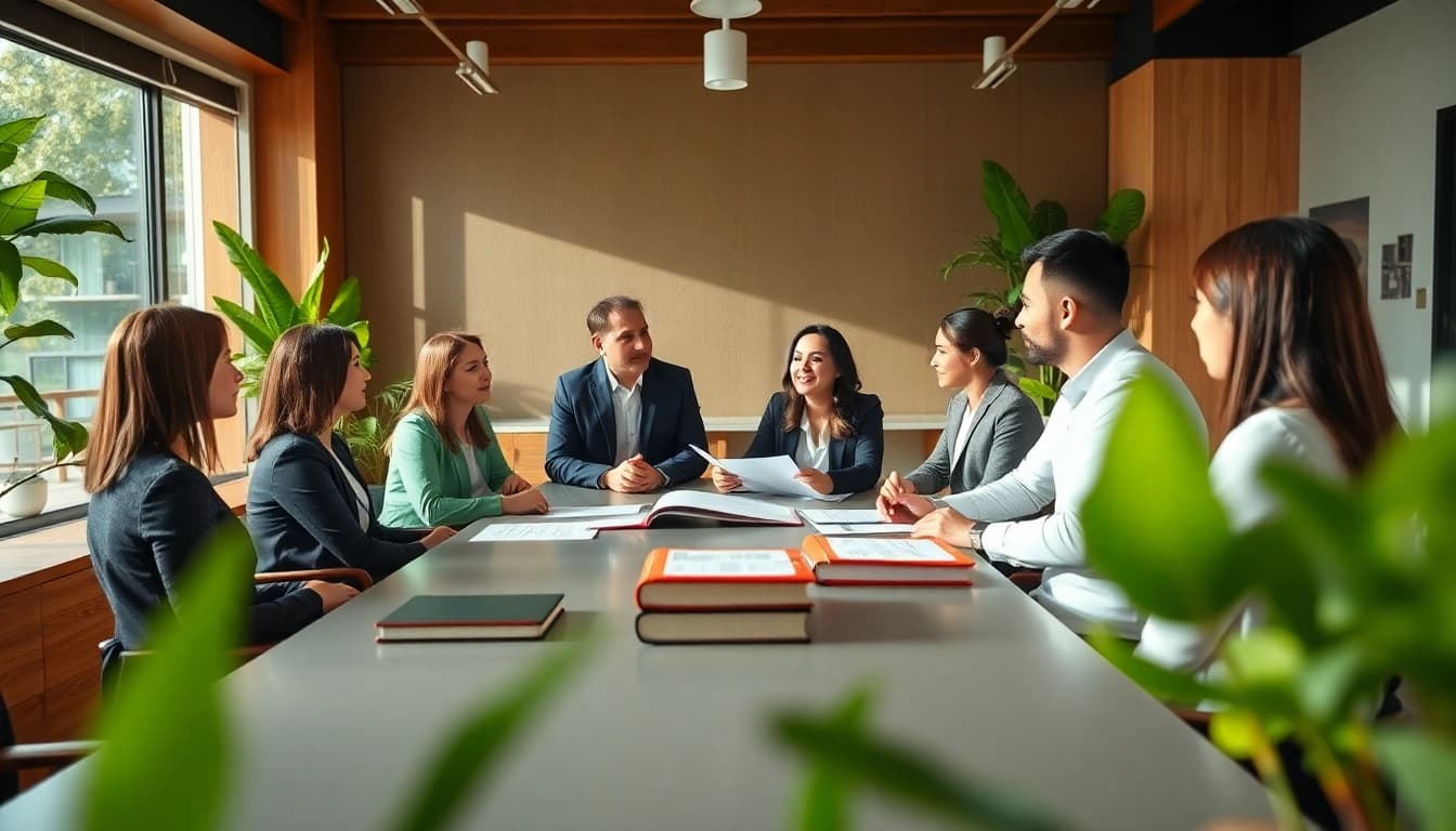 Collaborative meeting at an environmental law firm, showcasing diversity and teamwork in a natural setting.