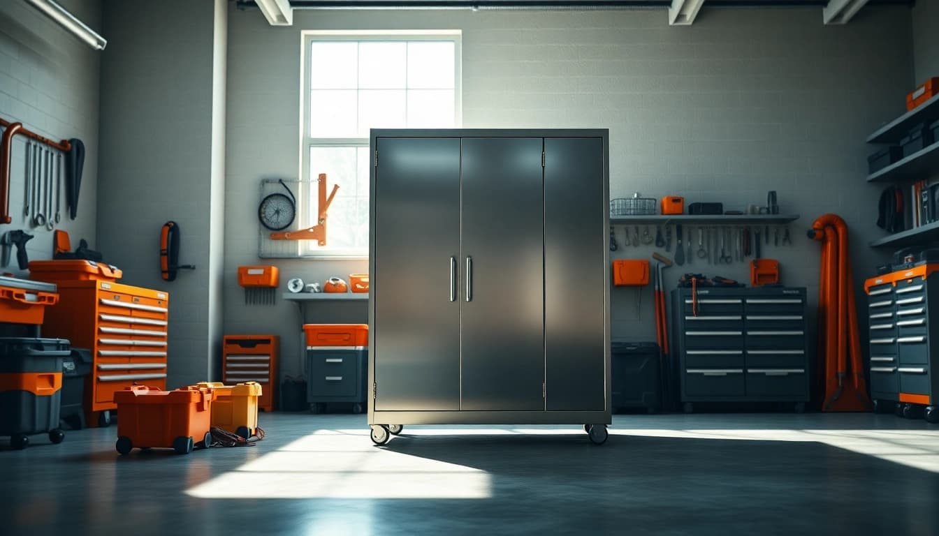 Discover a modern steel cabinet showcasing organizational features in a stylish garage.
